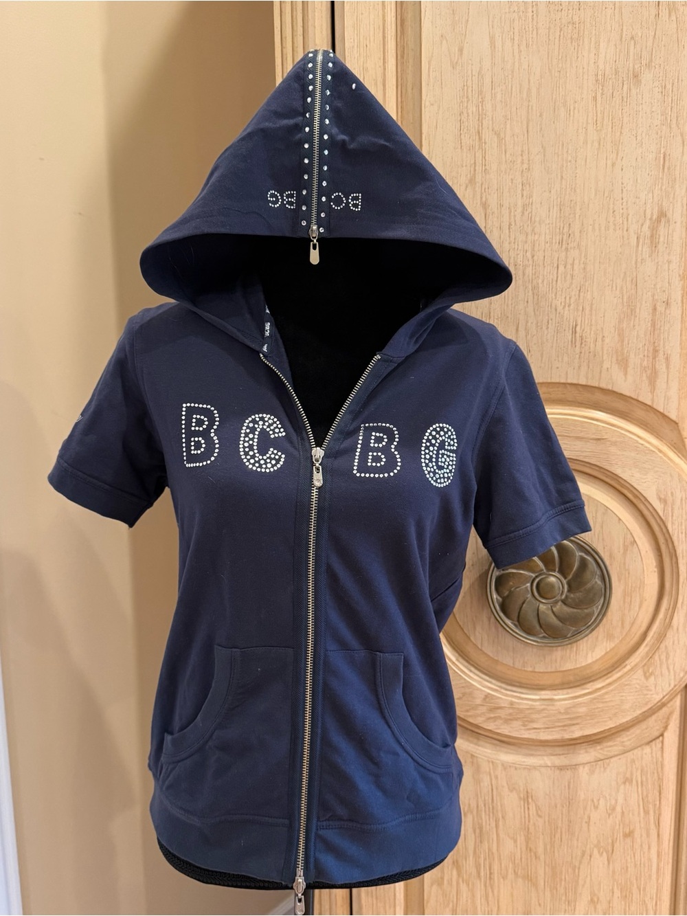 Vintage Y2K BCBG Max Azria rhinestone short-sleeve zip-up hoodie